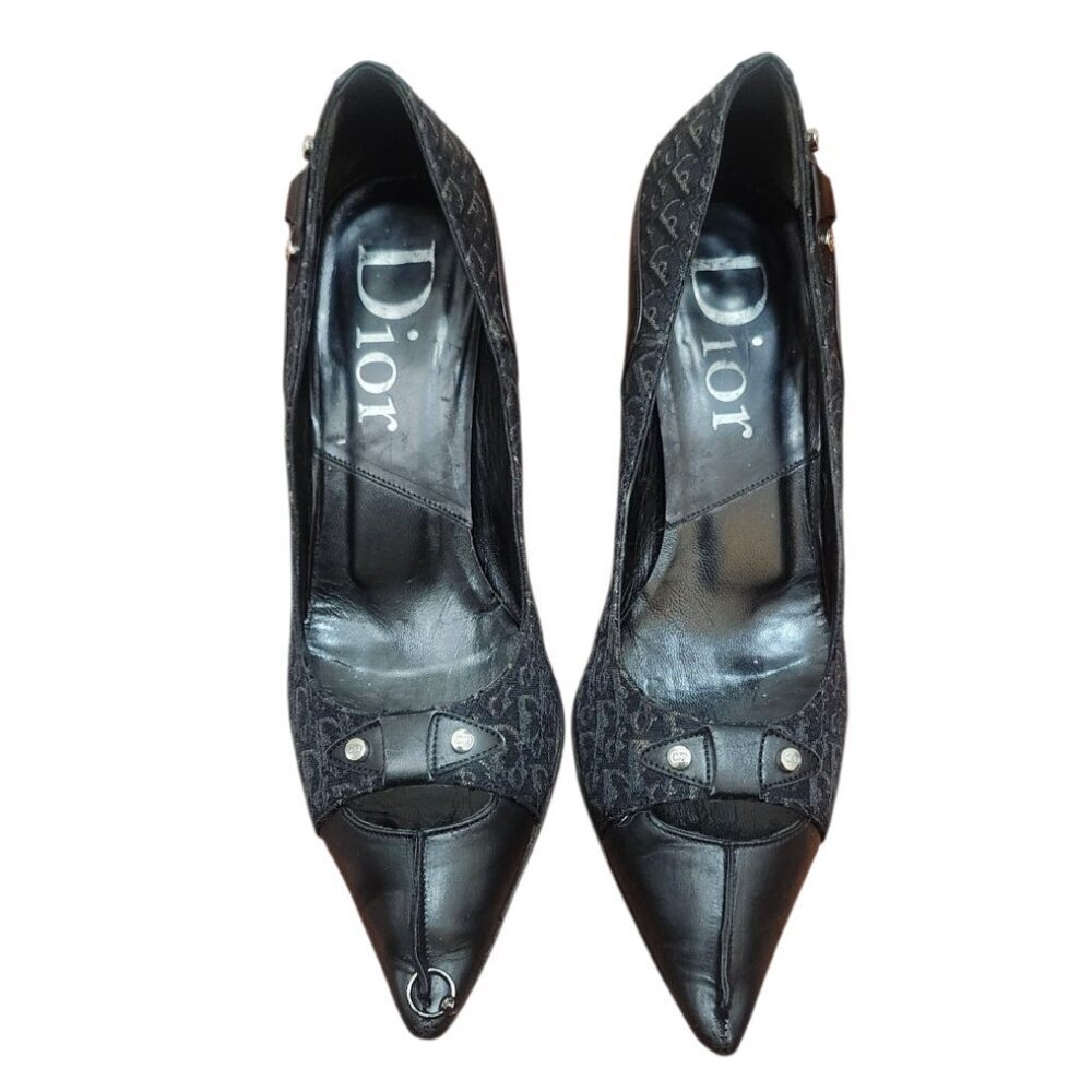 Christian Dior Monogram Heels 36 Black Logo Canvas Leather Pointed Toe Pumps - Picture 2 of 13